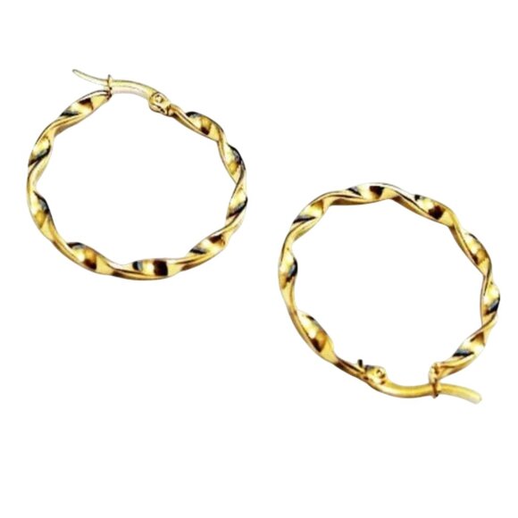 1 1/4 Inch 34mm Twisted Hoop Pierced Post Earrings Gold Tone 3mm Band - Picture 3 of 6